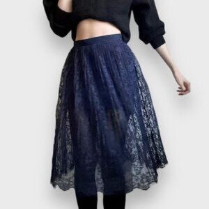 Dark Academia Gothic Romantic Partially Sheer Navy Lace Midi Skirt Whimsigoth